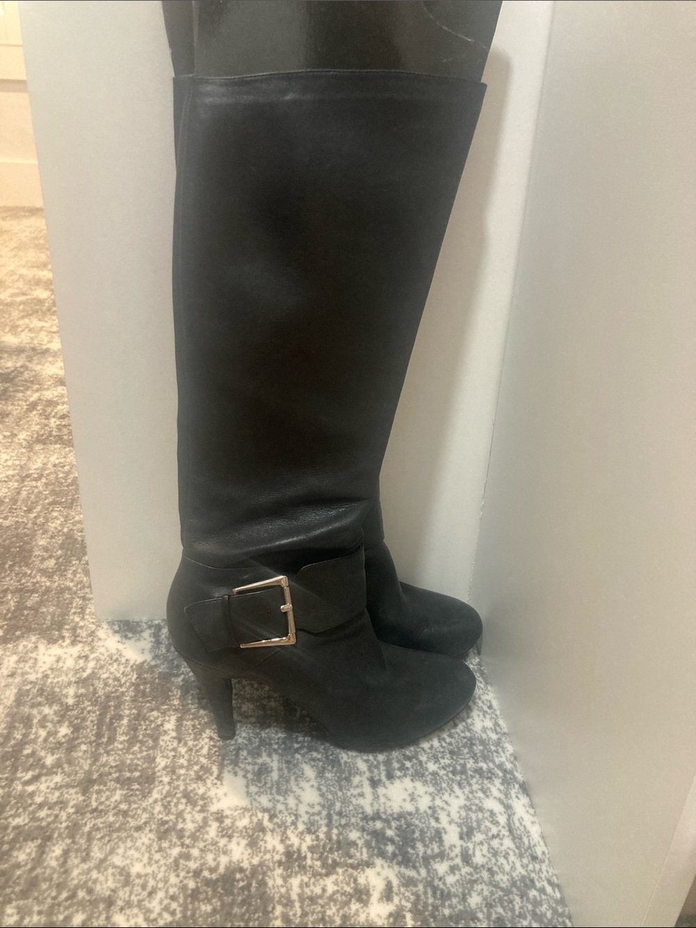 Black High-Heel Knee Boots with Buckle Detail - Women